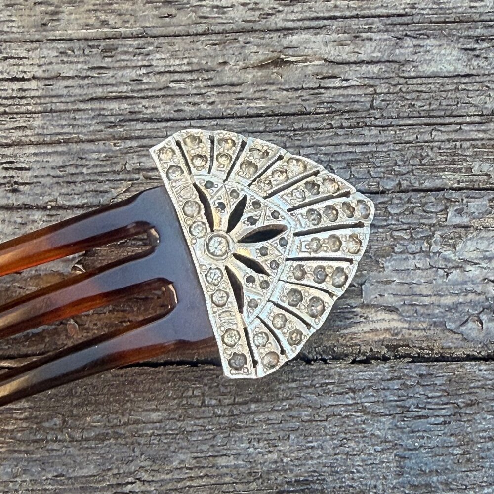 1920s Art Deco Celluloid Silver Rhinestone Hair Clip Comb Vintage Tortoise shell - Picture 3 of 6